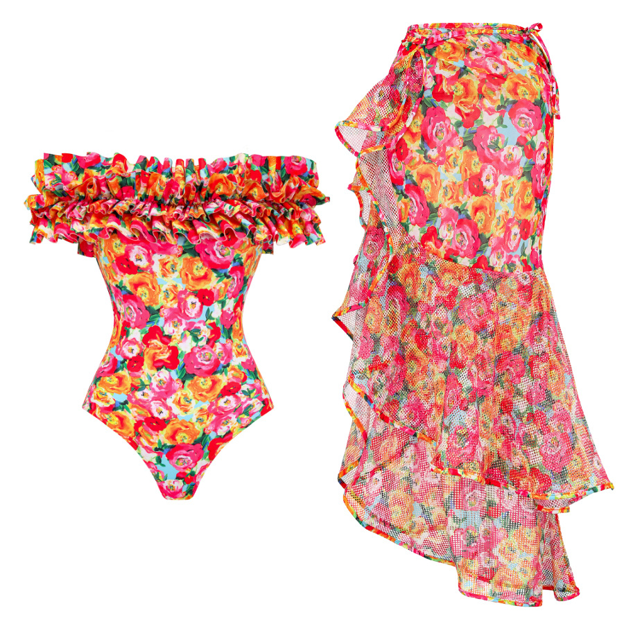 👑 Detachable Double Shoulder Strap With Ruffles One Piece Swimsuit and Sarong 💟