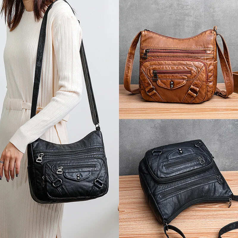 Bolsa de ombro feminina feita de couro macio