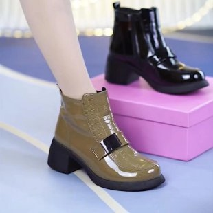 【35-40】 Sapatos femininos de couro com bico redondo, couro envernizado, salto médio (3-5 cm)