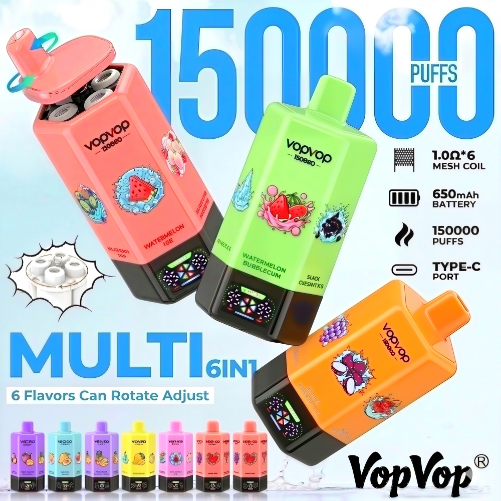 VOPVOP 150.000 Puffs 6 em 1 - Vape Descartável Recarregável com 6 Sabores