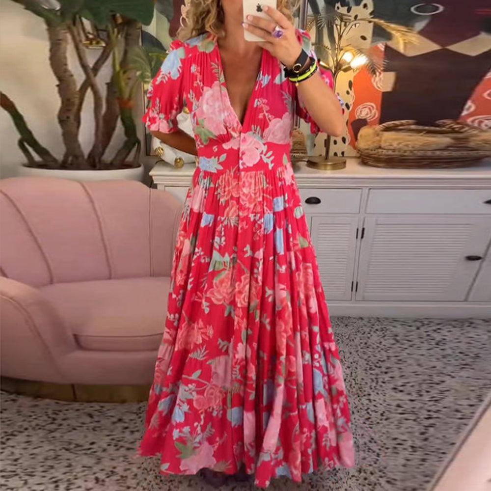 Fresh V-neck floral dress Vibrant Floral Dress