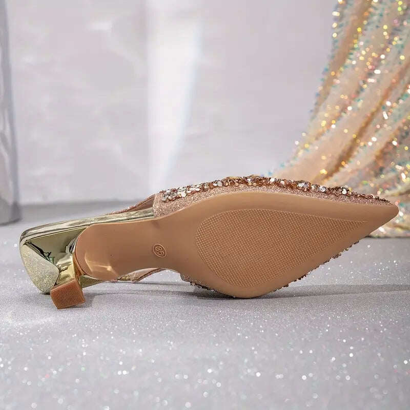 🔥 Dia 49% de desconto - Sapatos finos para banquete, salto alto com strass estilo europeu e americano