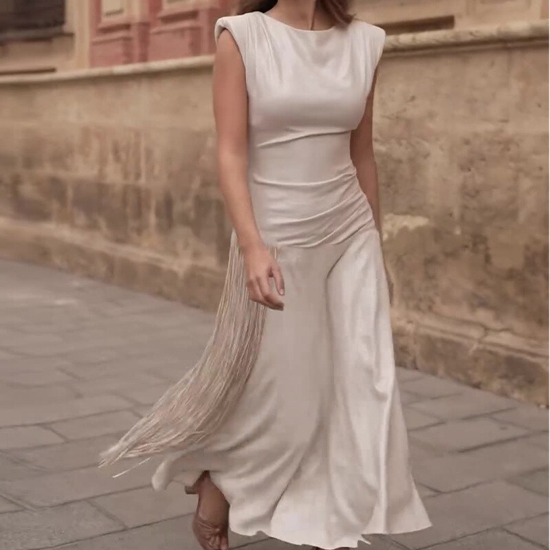 Moda feminina em torno do pescoço sem mangas cor sólida borla casual vestido evasê
