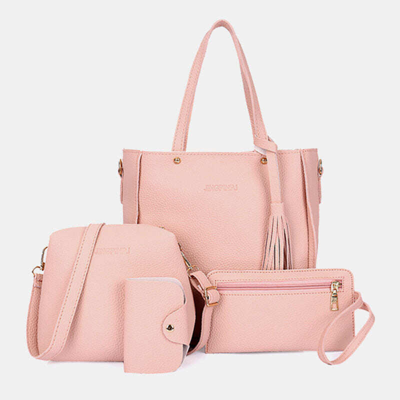 4 unidades de couro PU feminino com borla lazer bolsa crossbody bolsa fixa ex