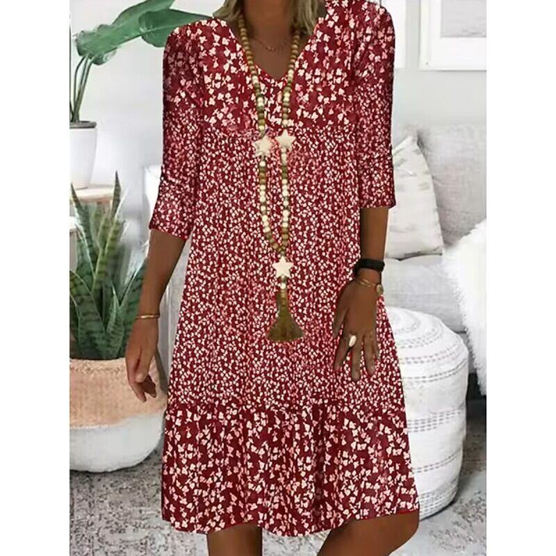 Novo vestido midi estampado de verão com manga comprida e decote em V para mulheres