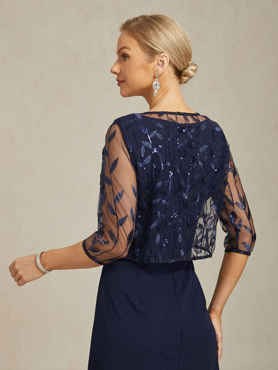 Floral Embroidered Lace Jacket with Rhinestone Button & Dress Set