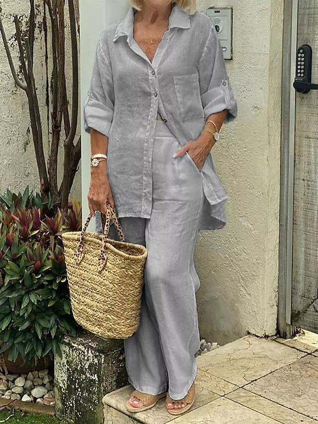 Camisa de lapela de cor sólida, top de algodão e linho e calças S-5XL