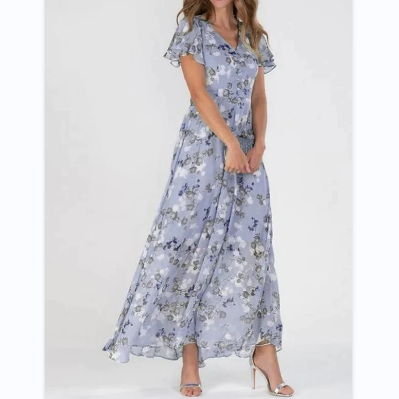 💐 Vestido longo Leight com estampa floral e mangas curtas