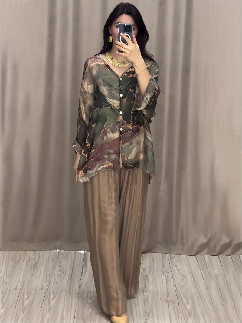 Moda primavera nova camisa impressa pintada à mão top calças de pernas largas conjunto de duas peças para mulheres