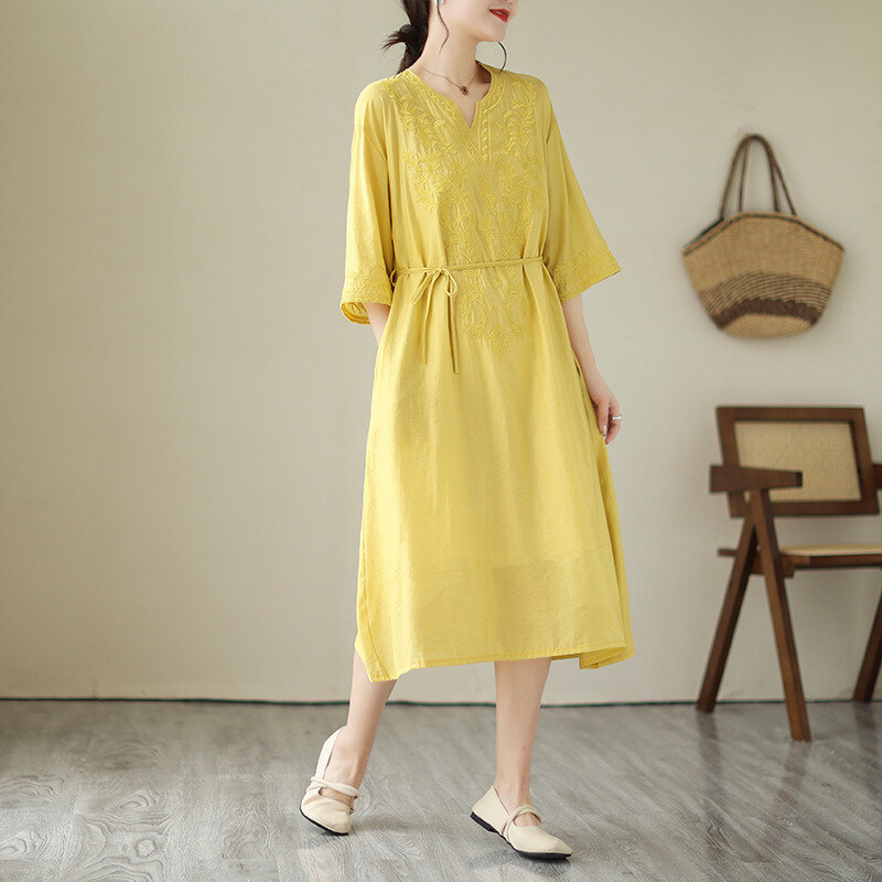 Vestido bordado de linho 2024 verão solto tamanho grande manga curta algodão e linho vestido feminino comprimento médio