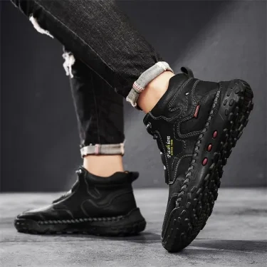 Botas de caminhada masculinas costuradas à mão com cadarço para atividades ao ar livre