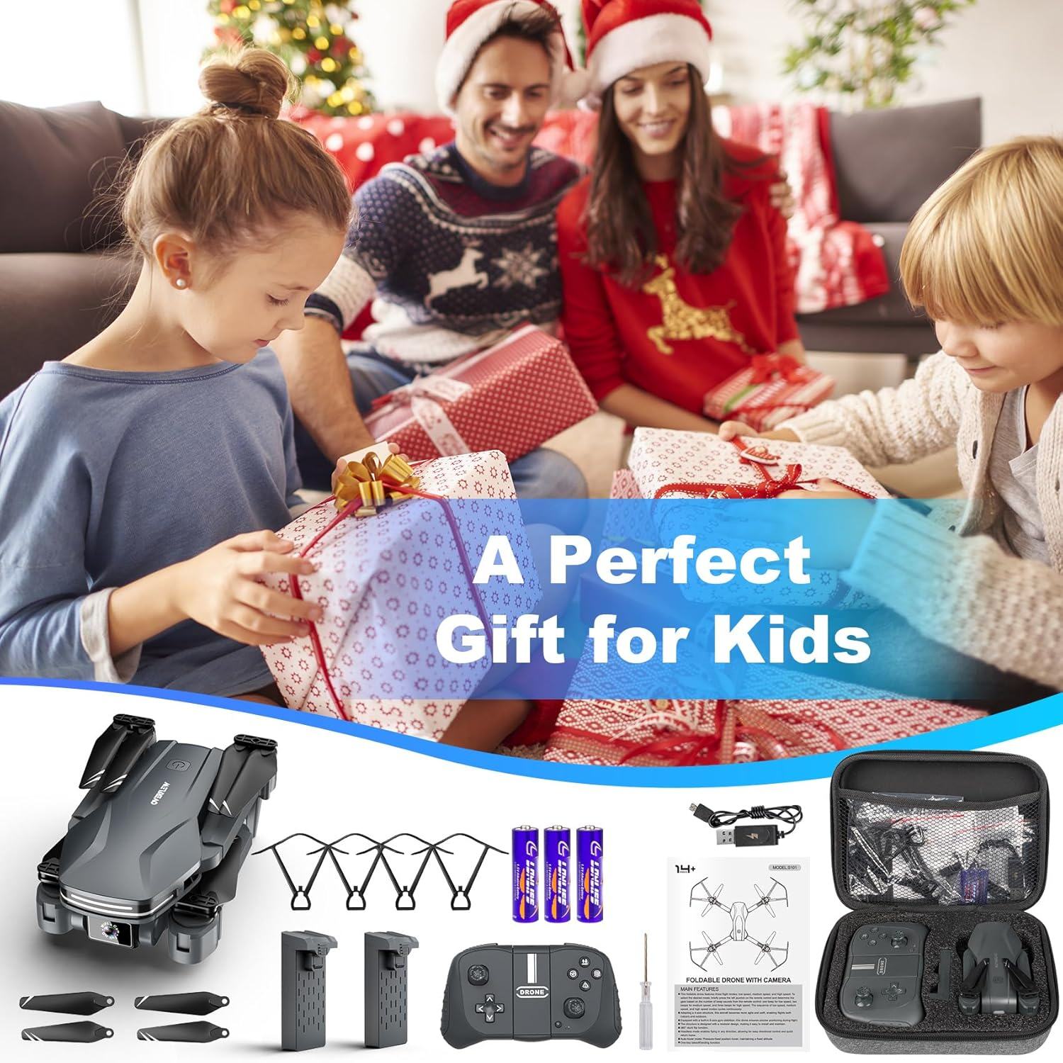 Drone com câmera 1080P HD FPV Drone dobrável para iniciantes e crianças, Quadcopter com controle de gestos de voz com estojo de transporte, decolagem/pouso com uma tecla, posicionamento de fluxo óptico, giro de 360°, voo de ponto de passagem