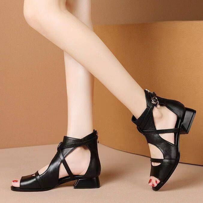 Sandálias de couro vintage da moda (salto de 5 cm)