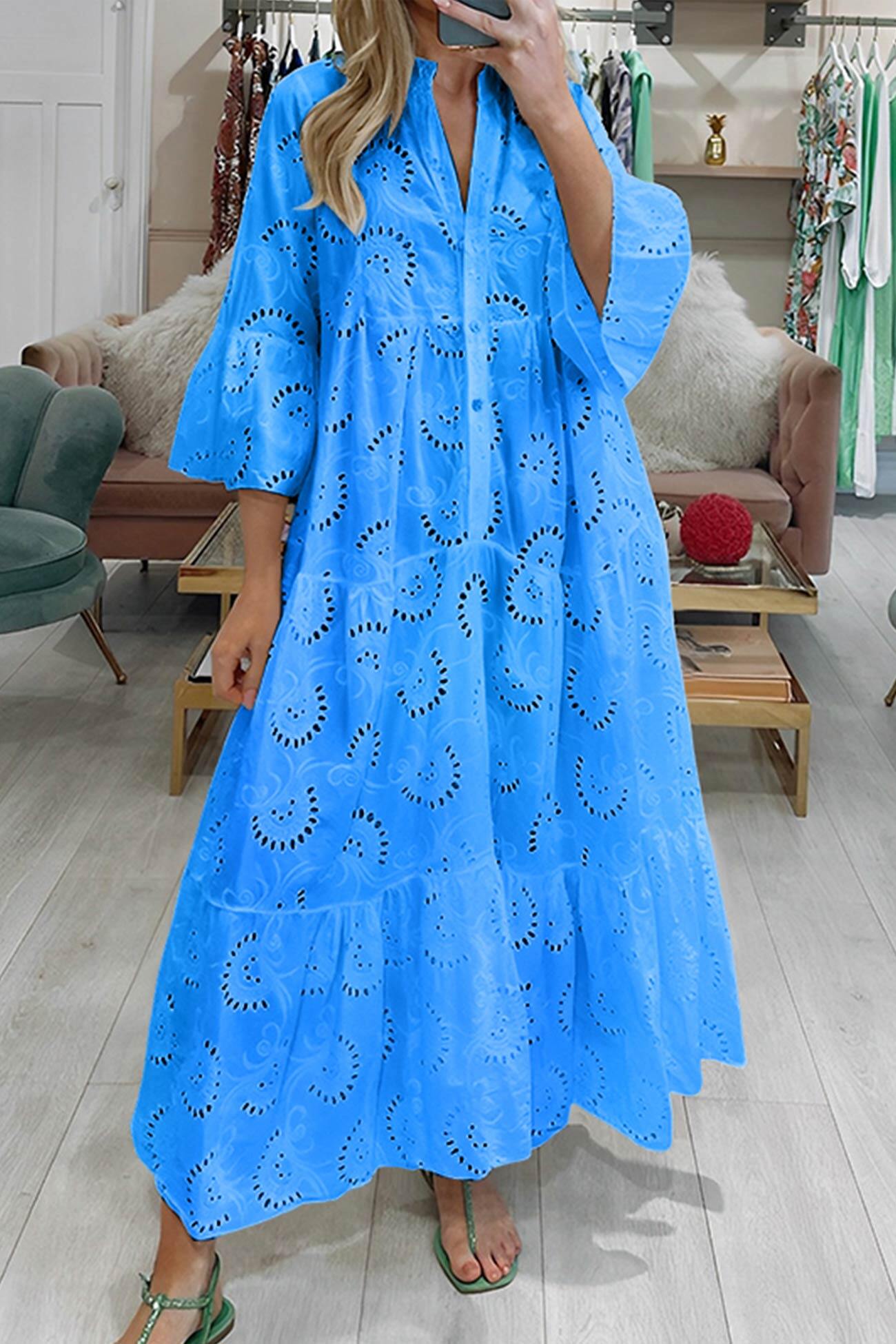 V Neck Flares Sleeve Embroidery Cotton Dress