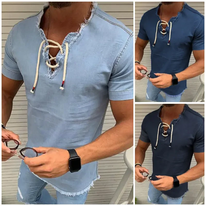 【M-4XL】2024 novas camisas jeans masculinas com decote em V