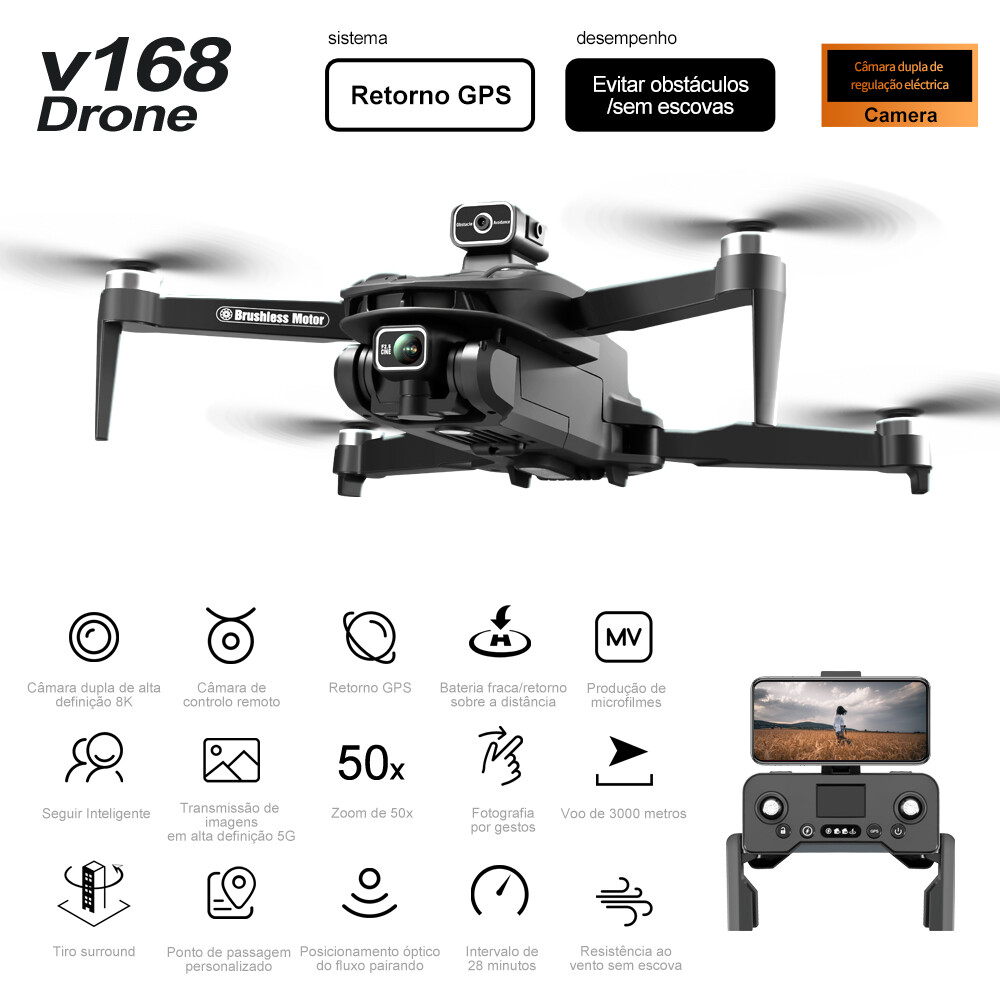 Drone V168 Pro com GPS - Câmara HD 8K - com atualização do GPS!