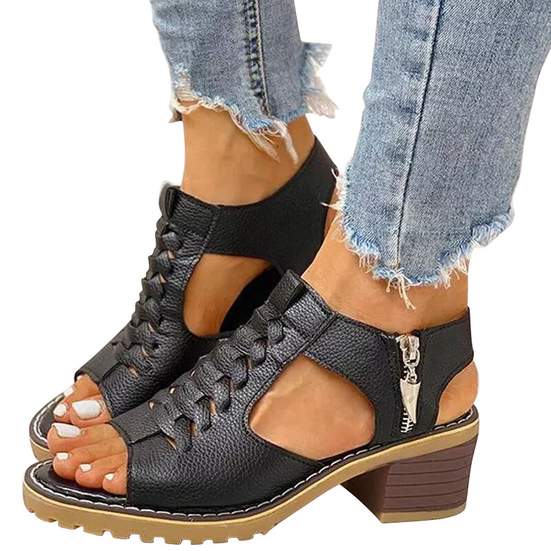 Sandália feminina peep toe recorte com zíper e salto grosso