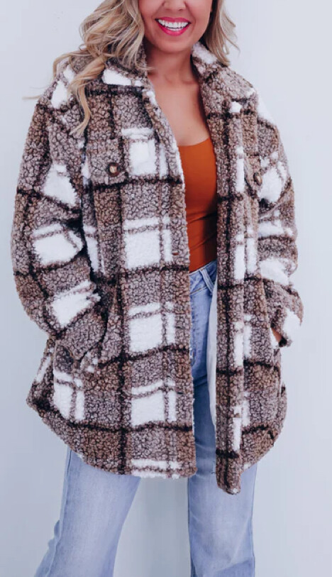 Jaqueta xadrez retrô casual de lã polar