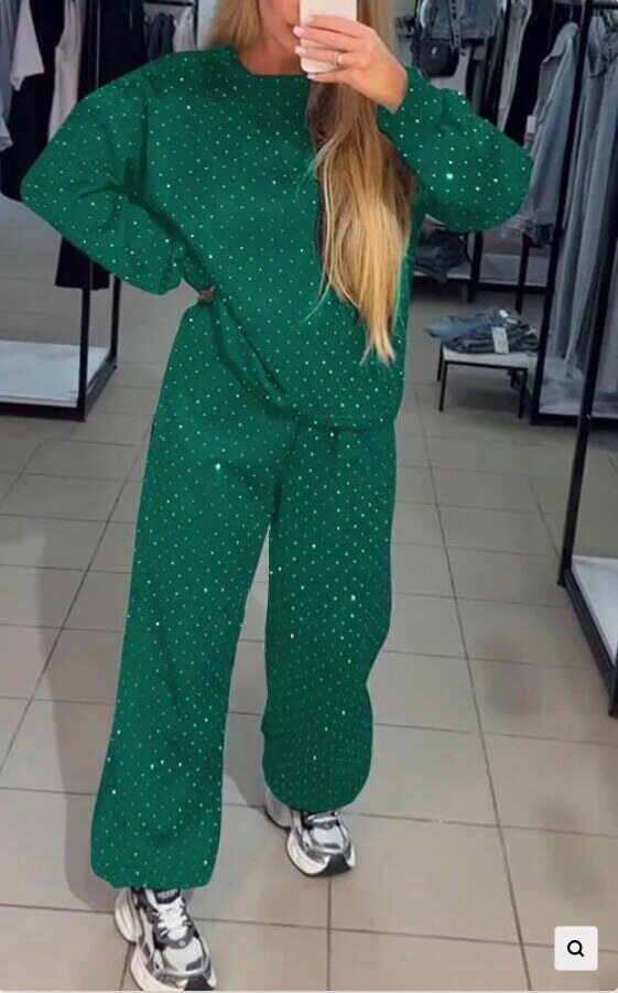 Conjunto de duas peças moletom com gola redonda + calça com cordão (com diamantes)