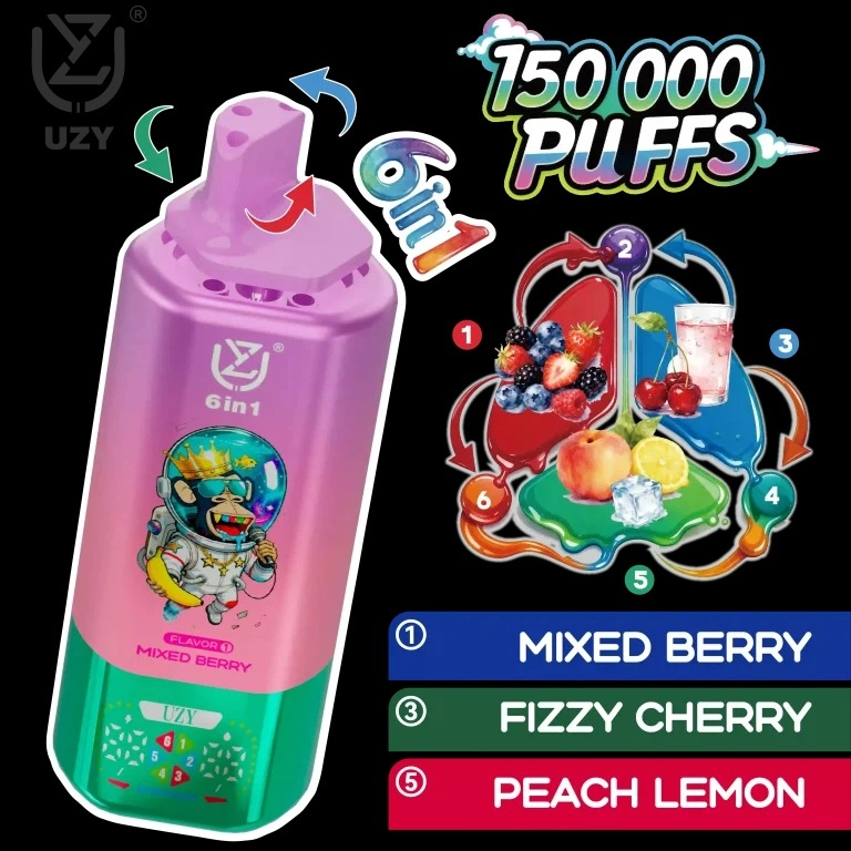 UZY 6-in-1 150,000 Puffs Disposable Vape – Quad Mesh Coil, Smart Screen, Crystal Design, Wholesale & Bulk Buy