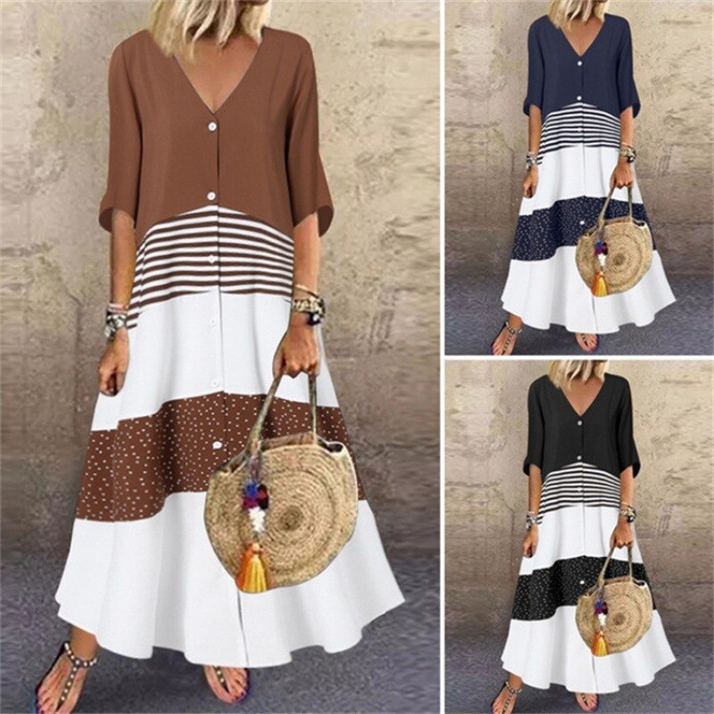 Primavera e verão novo estilo com decote em v manga curta impresso vestido longo abotoado saia casual