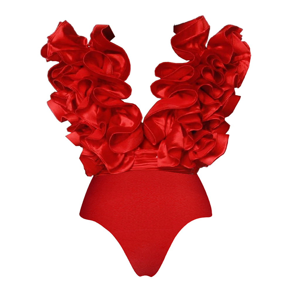 ✨ Red Flower Frilled V Neck One Piece Swimsuit and Skirt