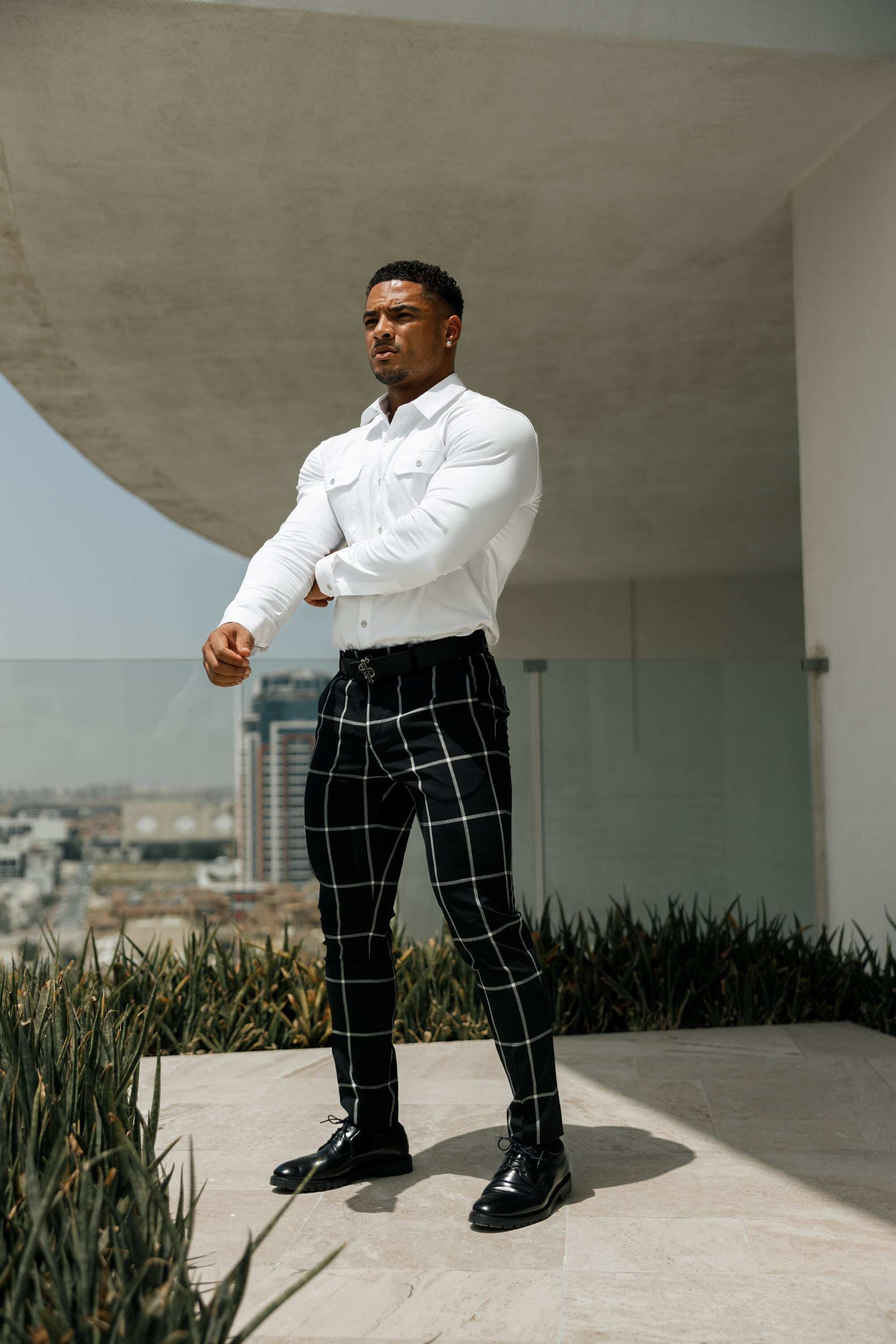 Father Sons Slim Formal Black and Ecru Large Check Stretch Trousers - FST015