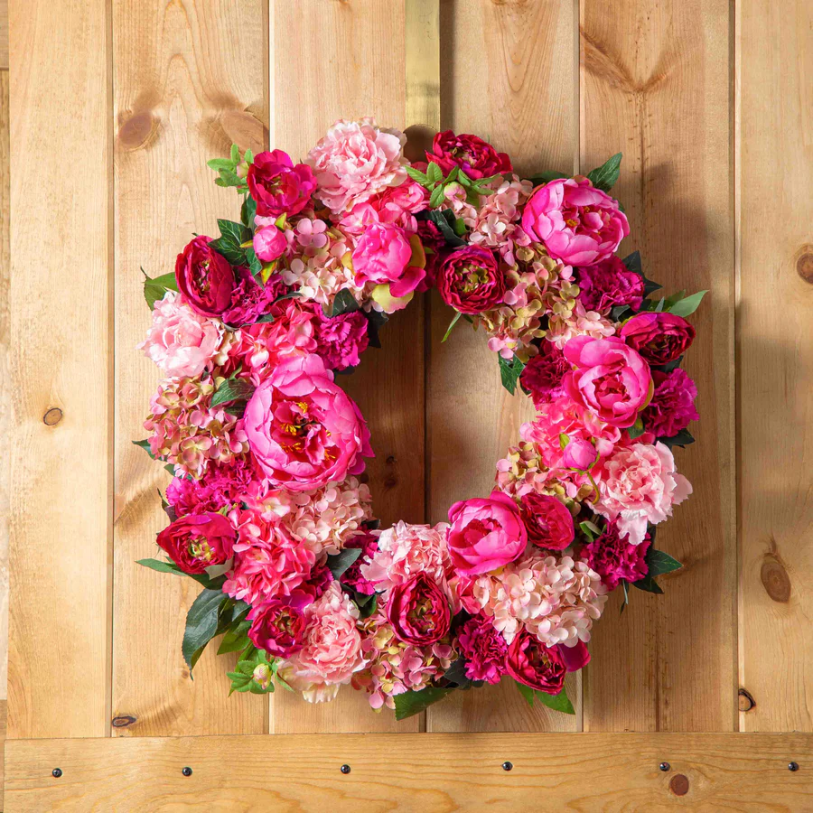 Flores coradas - guirlanda de porta primavera verão mista de hortênsia rosa e peônia