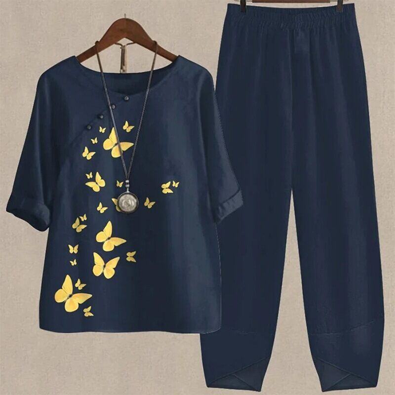 【S~5XL】😍2024 Novo conjunto de blusas e calças estampadas de duas peças