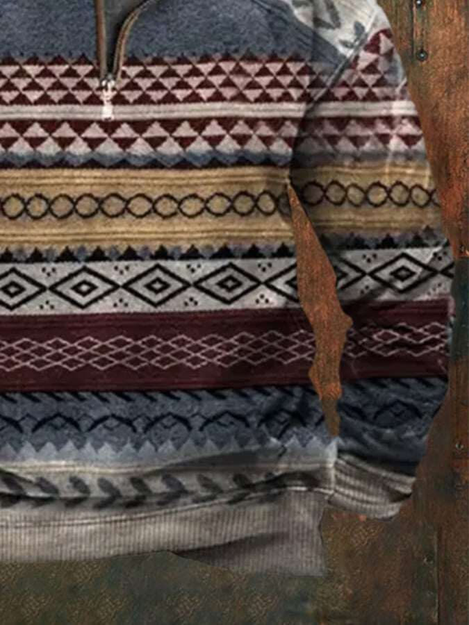 Moletom masculino com zíper e estampa vintage ocidental de pelúcia com gola alta