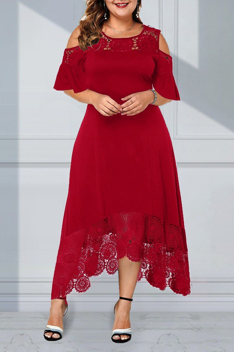 2023 Renda de renda de grande tamanho vestido de renda de ombro comprido de ombro frio