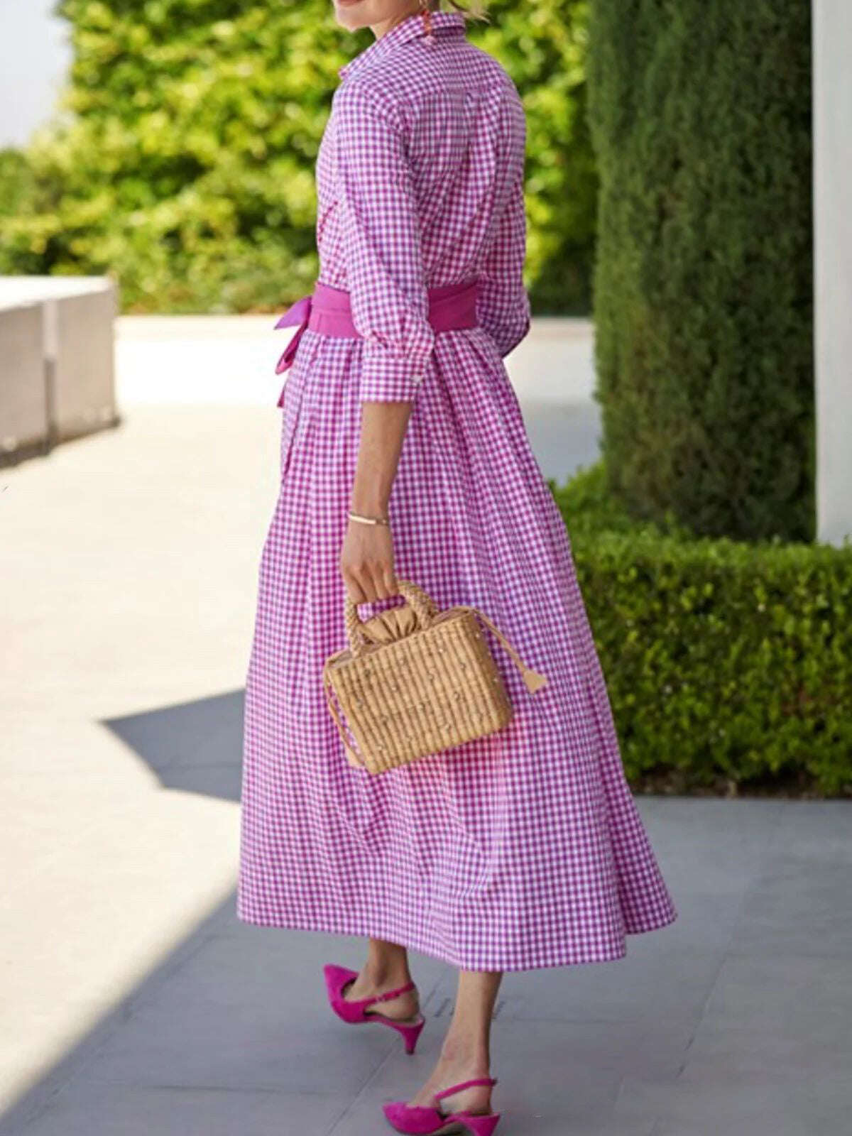 Мода 2022 кариран памук ленена рокля висока талия памук рокля с ревера