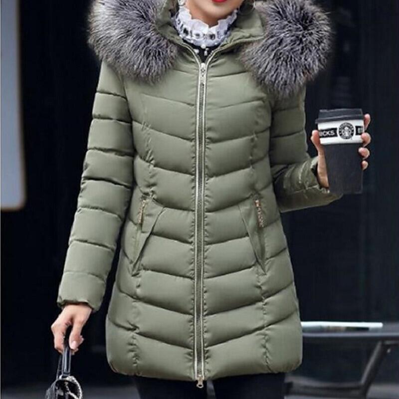 Nova jaqueta feminina de comprimento médio slim fit com gola de pele grande