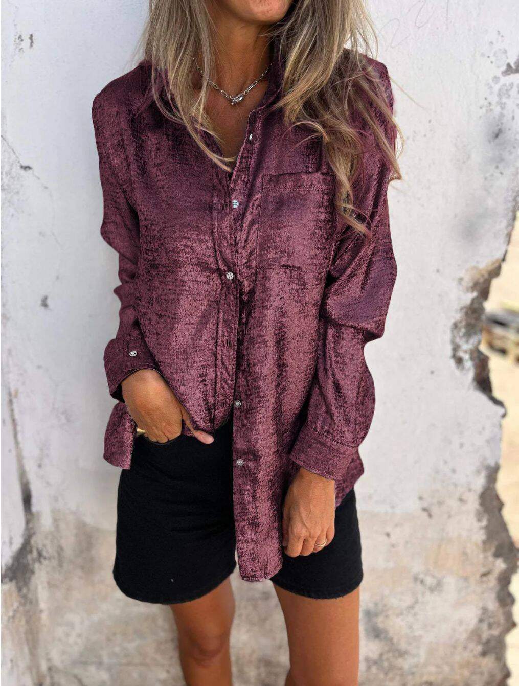 Camisa casual feminina de camurça fashion lapela