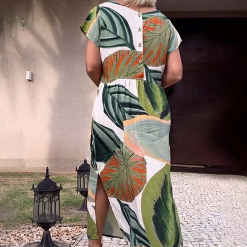 Leaf Print Round Neck Side Split Dress