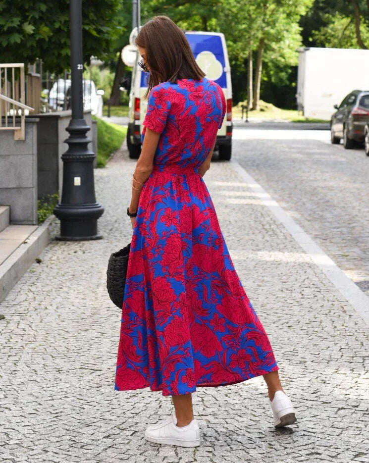 Vestido feminino decote V com fenda, comprimento midi, estampado