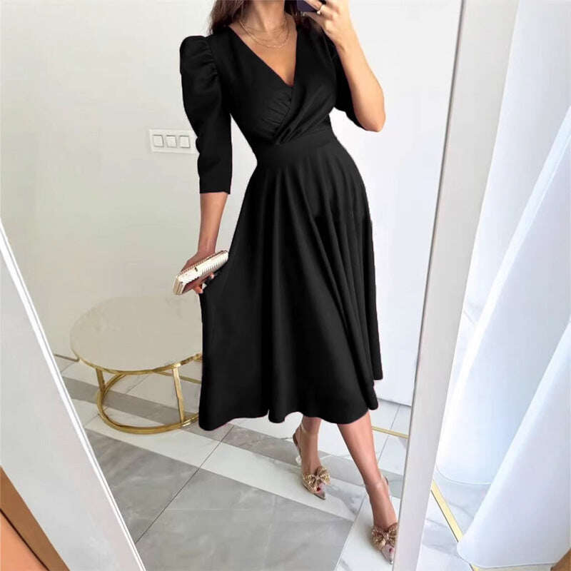🌸Ocasiões especiais de primavera💐 Vestido midi plissado com decote em V feminino, cintura fina