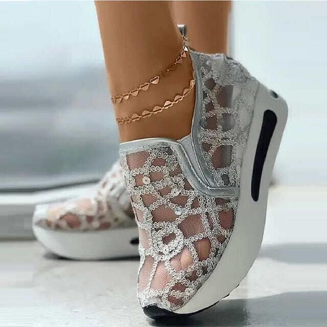 Sapatos femininos casuais de verão com lantejoulas e cunha