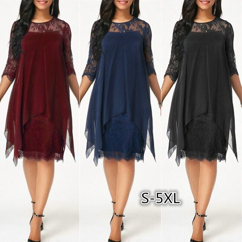 2024 primavera e verão novo estilo elegante saia de chiffon na altura do joelho com costura de renda e manga três quartos