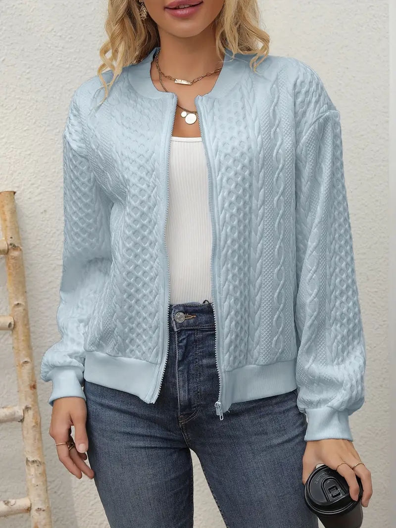 Jaqueta com textura de cor sólida - jaqueta casual de manga comprida com zíper