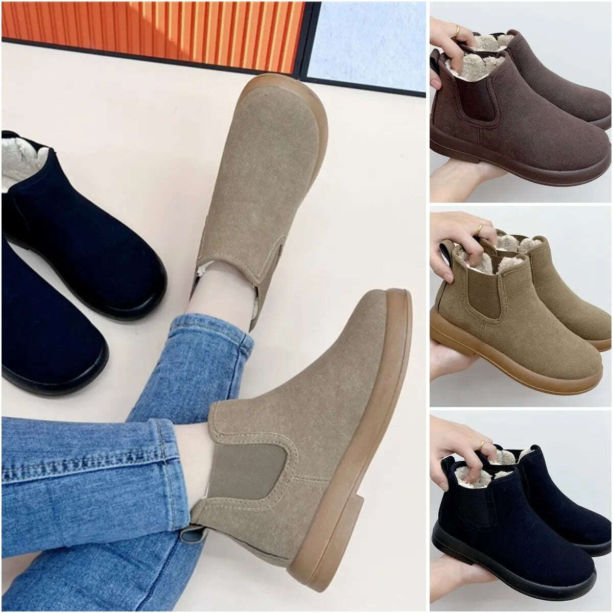 Botas femininas de neve quentes com forro de pelúcia e cano curto