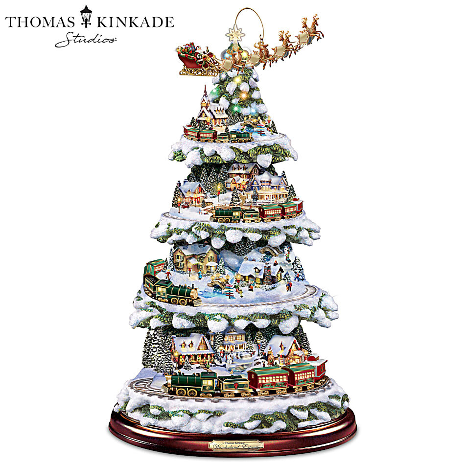 UMA ÁRVORE COM LUZES, UM TREM EM MOVIMENTO, ADESIVOS COM CLIMA MUSICAL