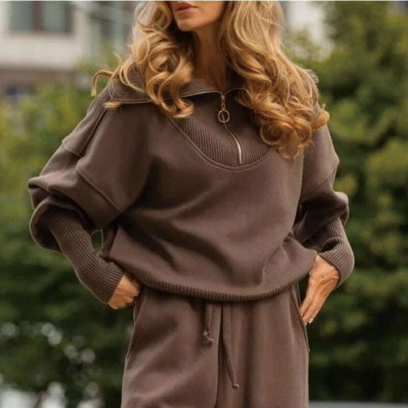 Conjunto de 2 peças de roupa desportiva casual para mulher – top com meio fecho e lapela e jogger a condizer