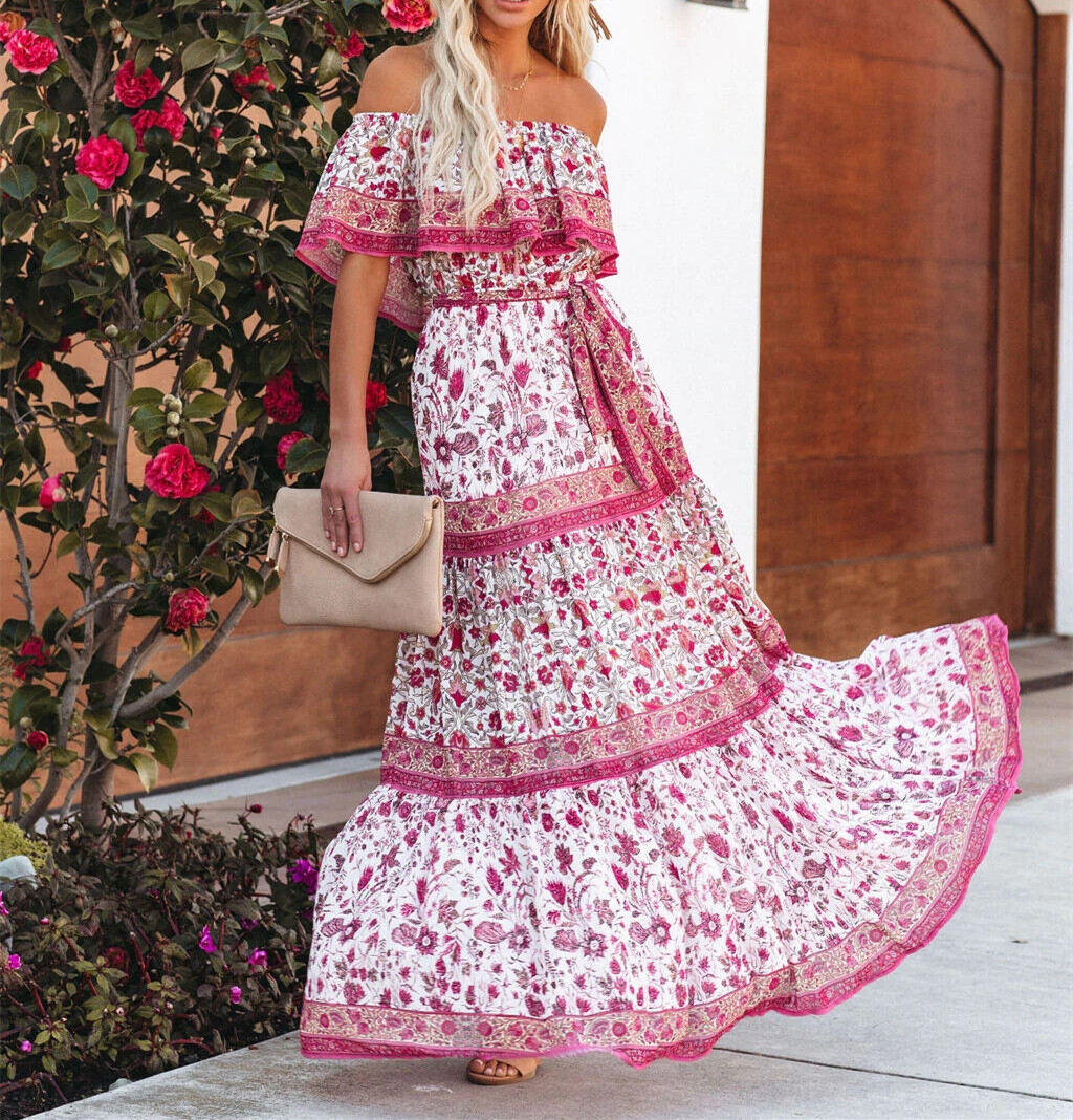 Novo vestido longo estampado de um ombro só