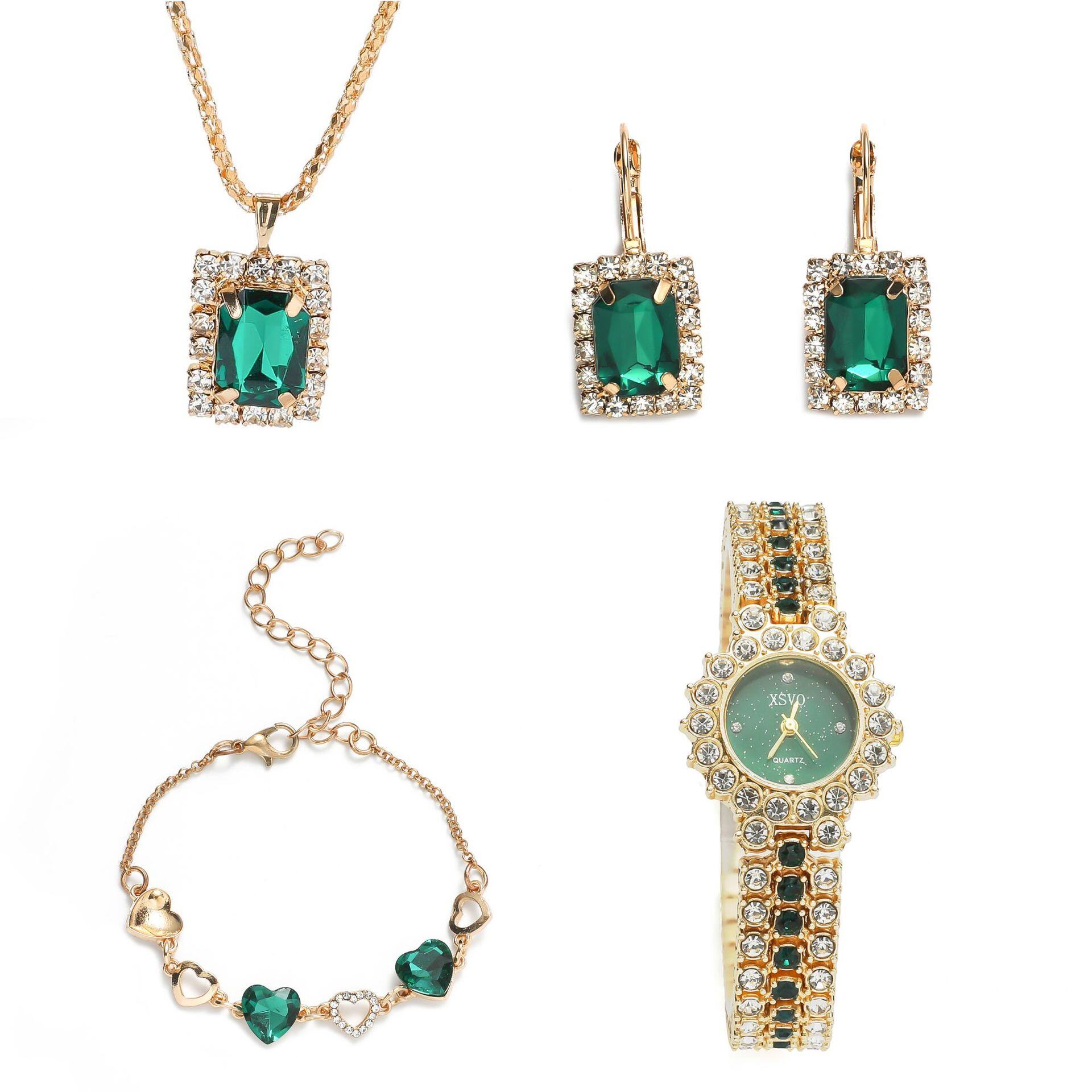 Conjunto de relógio feminino de quartzo, conjunto de brincos, colar de strass