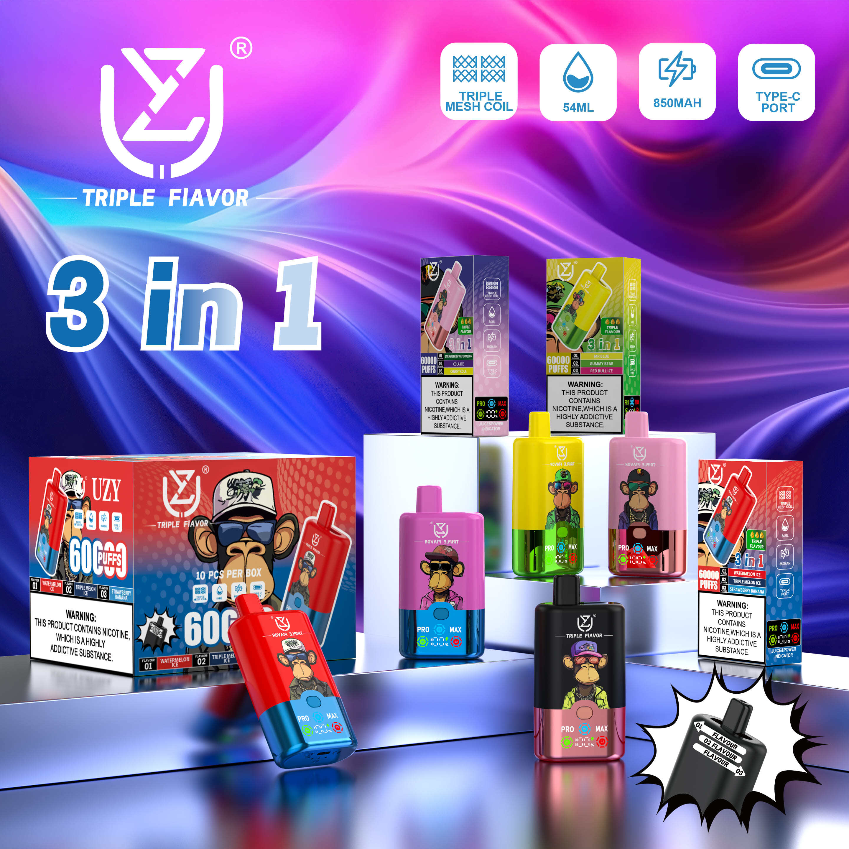 UZY Triple Flavor 60000 Puffs Vape 3 in 1 Disposable E Cigarette with Smart LED Display
