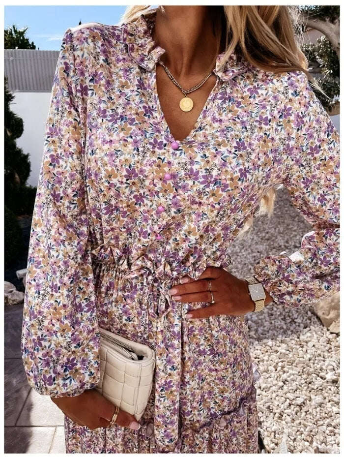 Plážové ležérní šaty s dlouhým rukávem s květinovým vzorem Boho