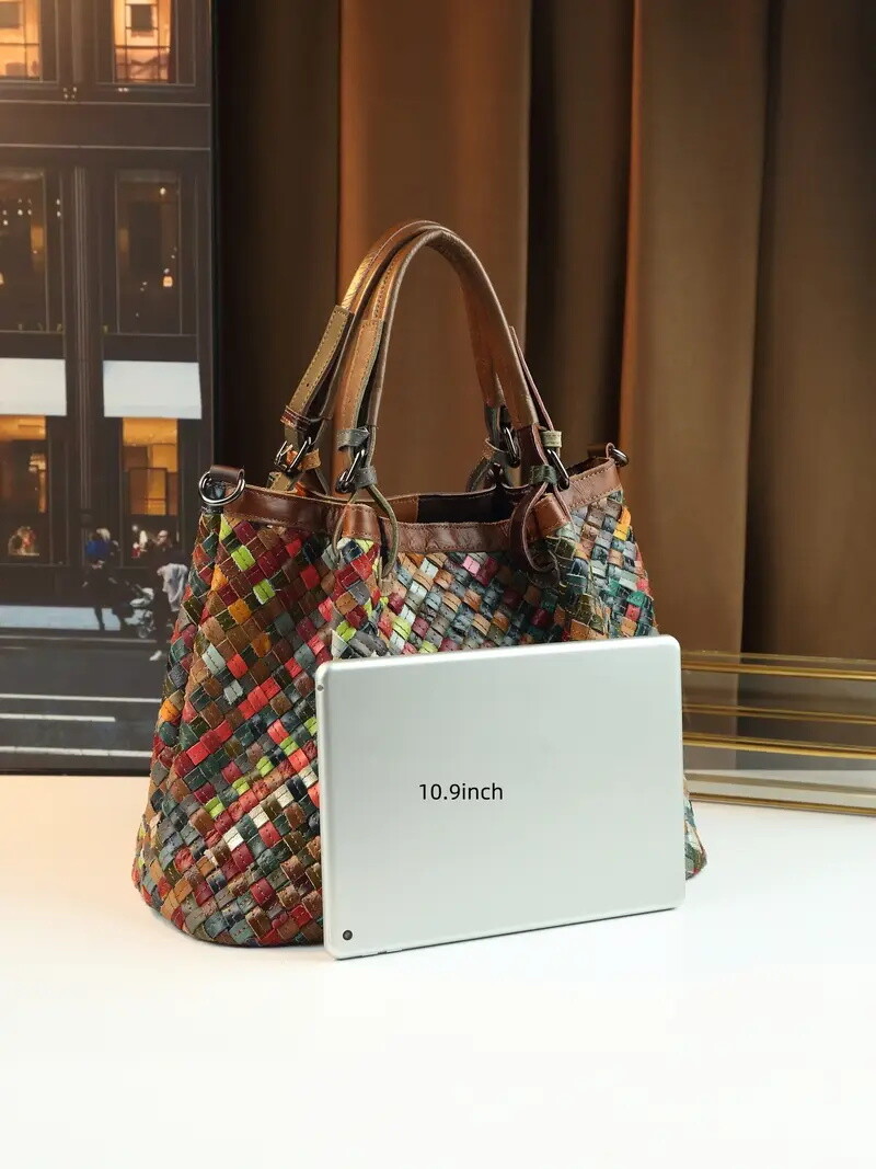 Women's Handbag - Colorful Woven Pattern Genuine Leather Tote with Adjustable Shoulder Strap, Large Capacity Crossbody/Handbag, Grid & Wave Dot Design, Zipper Closure, Rhinestone Accents for Casual & Formal Use,