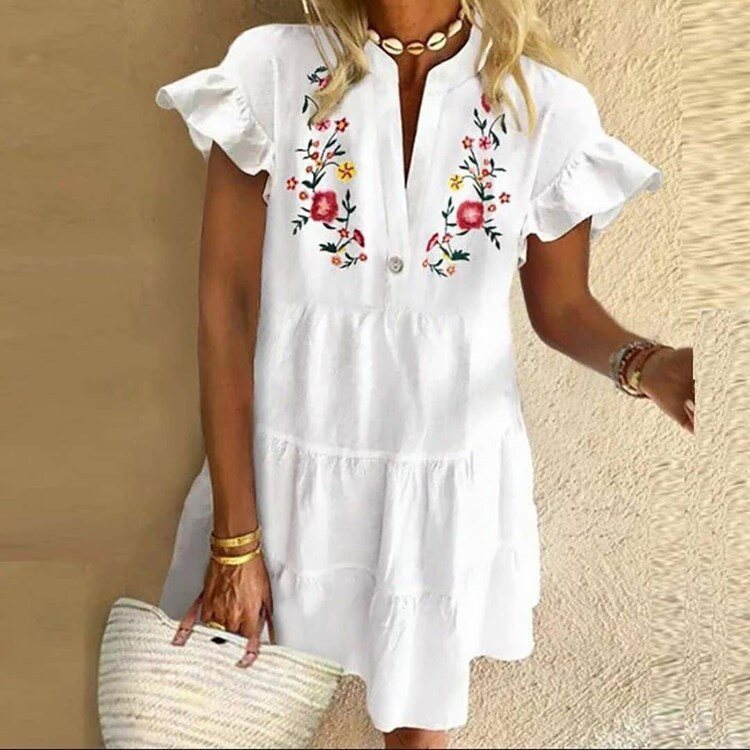 Vestido curto com borla estampada divertida e decote em V