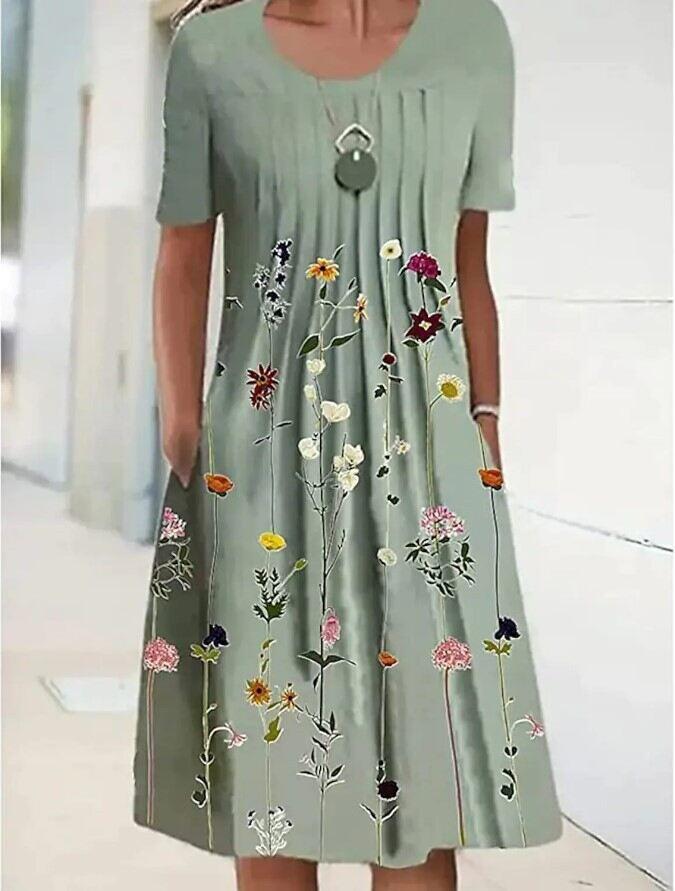 Vestido midi feminino primavera e verão com gola redonda estampado floral e bolso
